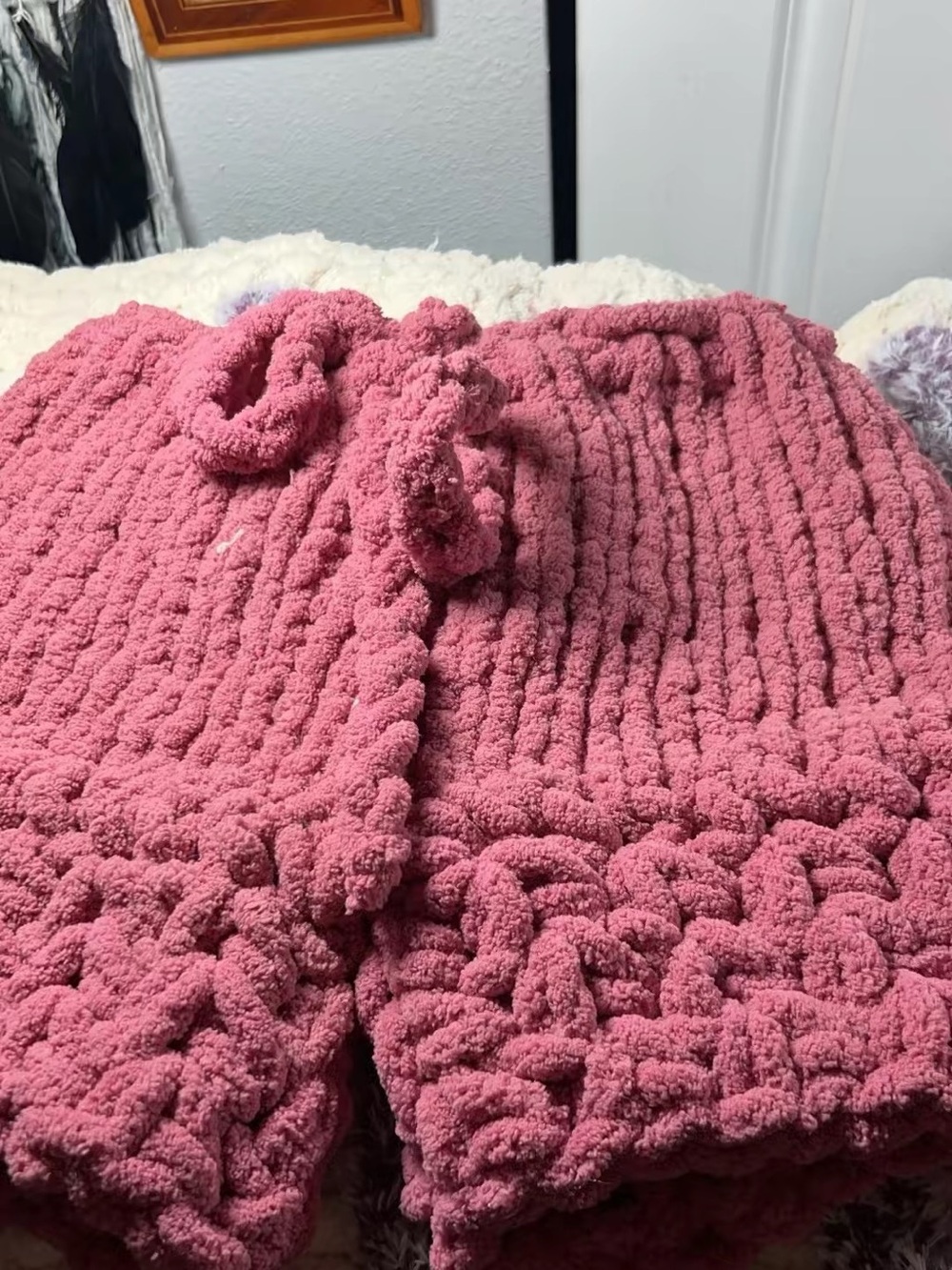 Hand Crafted Rose Pink Plush Chunky Knit Shorts